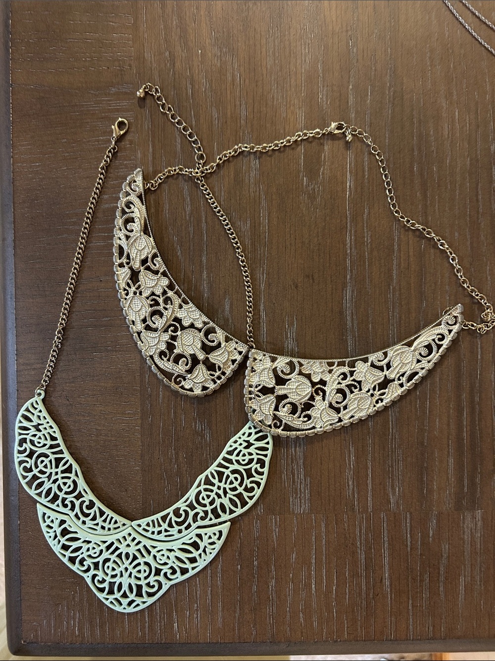Two Y2K 2010s Necklaces bib style Peter Pan statement chunky